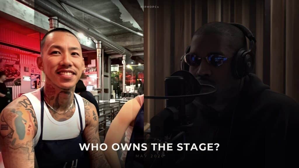 千葉雄喜（左）とYe（右）を左右に配し「WHO OWNS THE STAGE?｜MAY 2026」のコピーを重ねたアイキャッチ。2026年5月のヒップホップを“舞台の月”として、舞台を立てた千葉雄喜と舞台を失ったYeを対比的に示す。