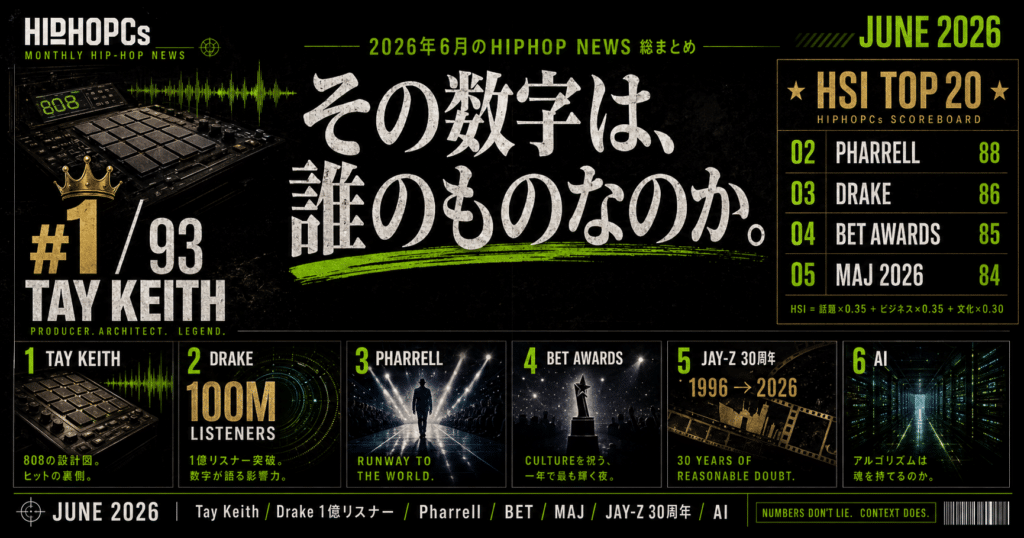 JUNE 2026 Monthly Hip-Hop News Ranking HIPHOPCsと書かれた抽象的なオリジナルキービジュアル