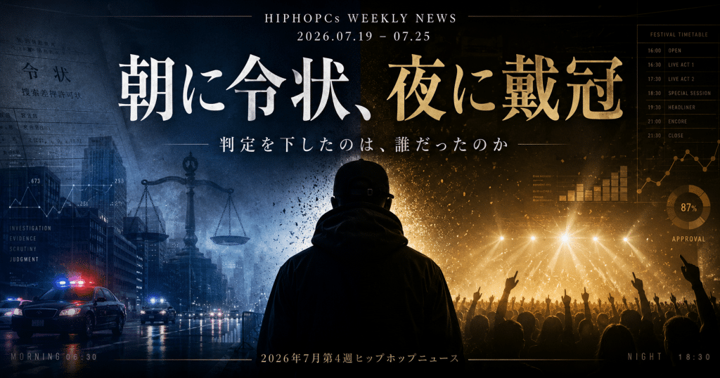 捜索令状と天秤の青い朝と、歓声に沸く金色の夜。その境界に立つラッパーの後ろ姿を描いた2026年7月第4週のカバービジュアル