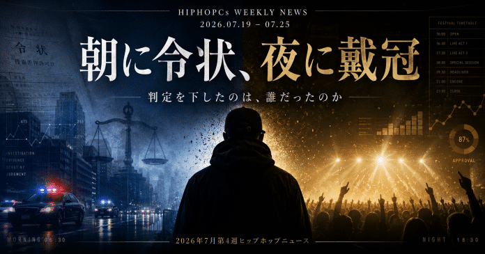 捜索令状と天秤の青い朝と、歓声に沸く金色の夜。その境界に立つラッパーの後ろ姿を描いた2026年7月第4週のカバービジュアル