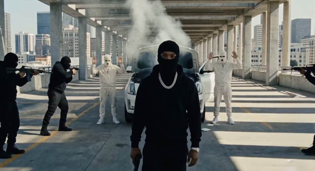 Tory Lanez『MADE YOU THINK I WAS GONE …BUT』のプロモーションビジュアルより、立体駐車場で黒いバラクラバ姿の人物を武装した集団が取り囲むシーン
