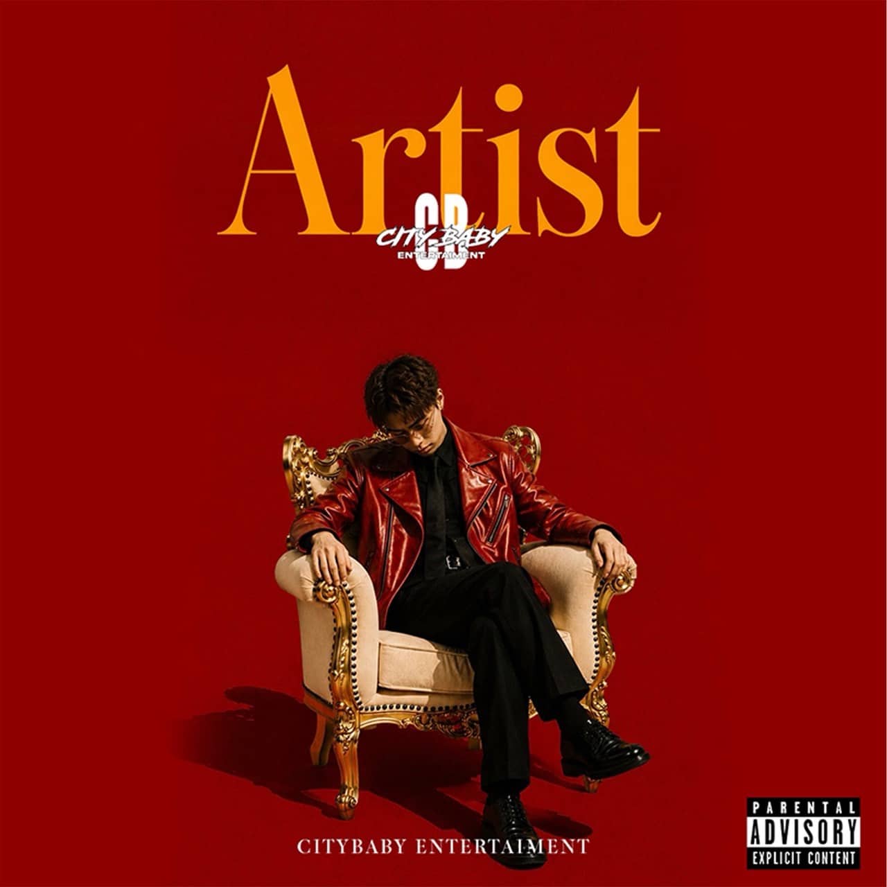 シングル「Artist」のジャケット。赤を基調に、金色の椅子に座る赤いレザージャケット姿のCityBaby