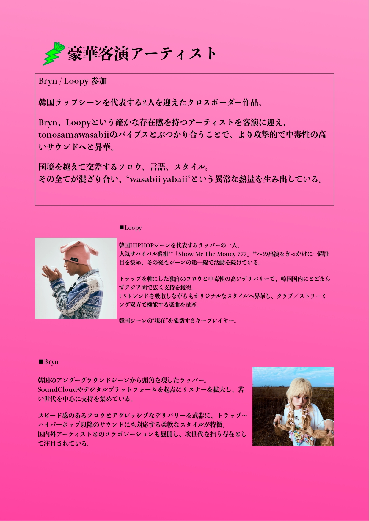 ピンク色の背景にLoopyとBrynのプロフィール写真と紹介文を掲載した『wasabii yabaii』公式資料