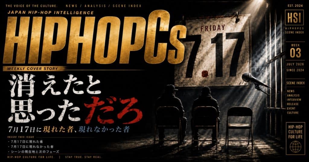 FRIDAY 7.17のカレンダー、2人の人影と1脚の空席、鉄格子から差す光、マイクを配した週刊ヒップホップニュース2026年7月第3週『消えたと思っただろ』のカバービジュアル