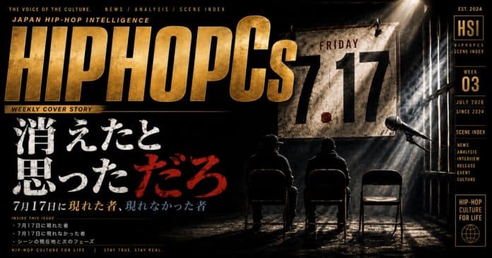 FRIDAY 7.17のカレンダー、2人の人影と1脚の空席、鉄格子から差す光、マイクを配した週刊ヒップホップニュース2026年7月第3週『消えたと思っただろ』のカバービジュアル