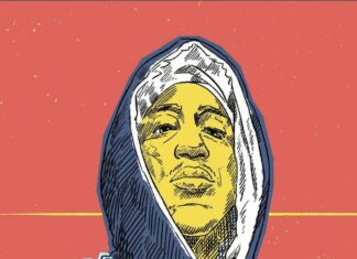 コーラル色の背景にフード姿の2Pacを描いたHungryblvdのイラスト