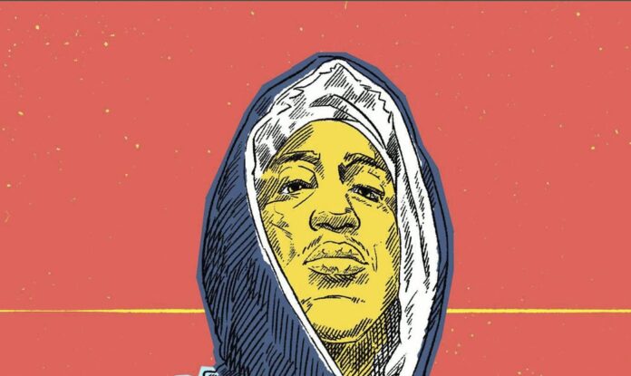 コーラル色の背景にフード姿の2Pacを描いたHungryblvdのイラスト