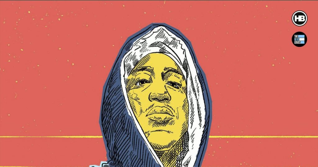 Illustrated portrait of 2Pac in a hood against a coral background by Hungryblvd