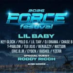 FORCE FESTIVAL 2026の全体ラインナップビジュアル。Lil Babyを最上段に、Roddy RicchをSPECIAL GUESTとして掲載し、国内外15組の出演者を発表