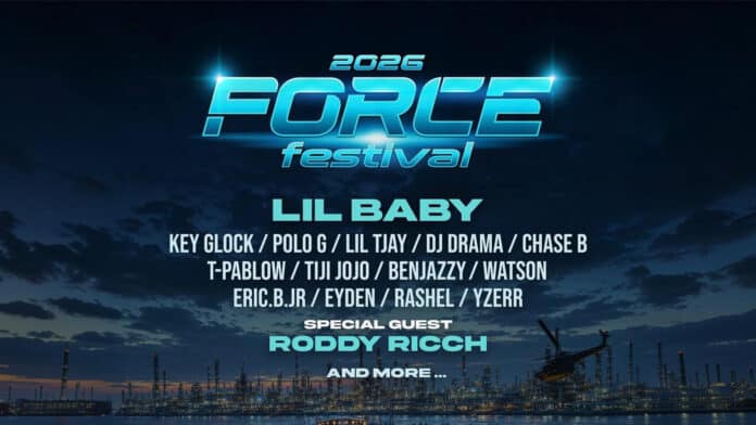 FORCE FESTIVAL 2026の全体ラインナップビジュアル。Lil Babyを最上段に、Roddy RicchをSPECIAL GUESTとして掲載し、国内外15組の出演者を発表