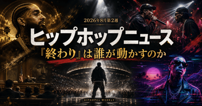 「2026年8月第2週ヒップホップニュース」の文字と、Tohjiの東京ドーム、Nipsey Hussle、2Pac裁判、BATTLE SUMMIT III、Tygaを象徴する場面を配したコラージュ