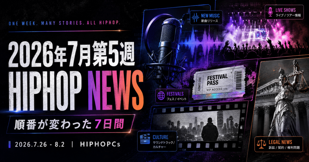 2026年7月26日〜8月2日のヒップホップニュース。マイク、ライブ、フェス、映像、法廷をネオン調で描いたHIPHOPCsのアイキャッチ