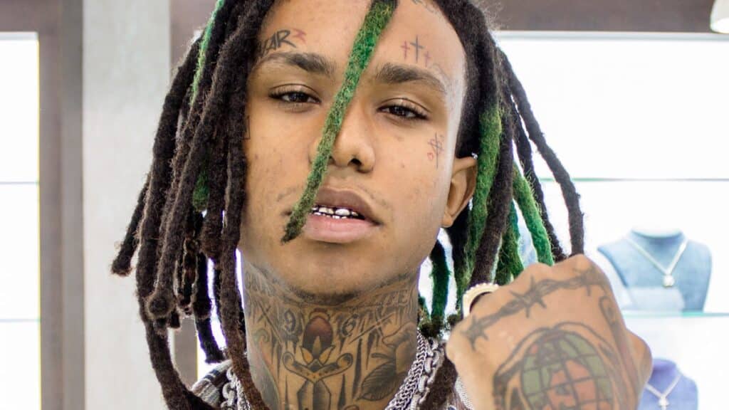 ラッパーのLil Gnar。緑と茶のドレッドヘアで正面を向いている