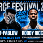 FORCE FESTIVAL 2026の追加発表ビジュアル。左にT-Pablow、右にRoddy Ricch。2026年10月25日（日）、川崎・東扇島東公園の表記