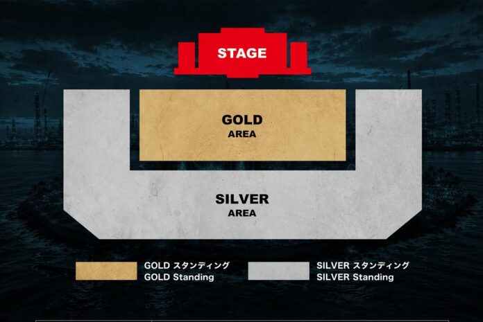FORCE FESTIVAL 2026のチケット価格とエリア図。GOLD先行4万2000円、SILVER先行3万2000円で、GOLD AREAはステージ前方に配置