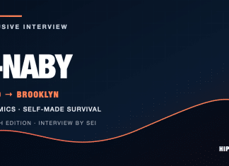 Text-only HIPHOPCs exclusive interview card reading R-Naby, Kyoto to Brooklyn