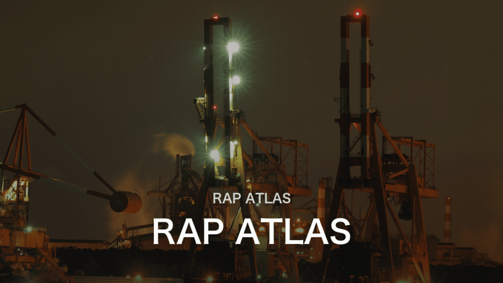 Rap Atlas editorial card over a night view of Kawasaki’s Keihin industrial area