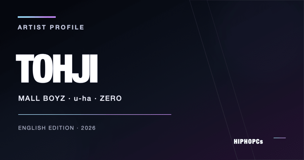 Text-only HIPHOPCs artist profile card reading Tohji, Mall Boyz, u-ha and zero