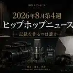 法廷の証言台と法の紋章、閉じられたCASE FILEと白紙の書類、業務用カメラ・マイク・レコーダーを配置したアイキャッチ画像。「残る記録」「残らない記録」「2026年8月第4週ヒップホップニュース｜記録を作るのは誰か」の文字が入る