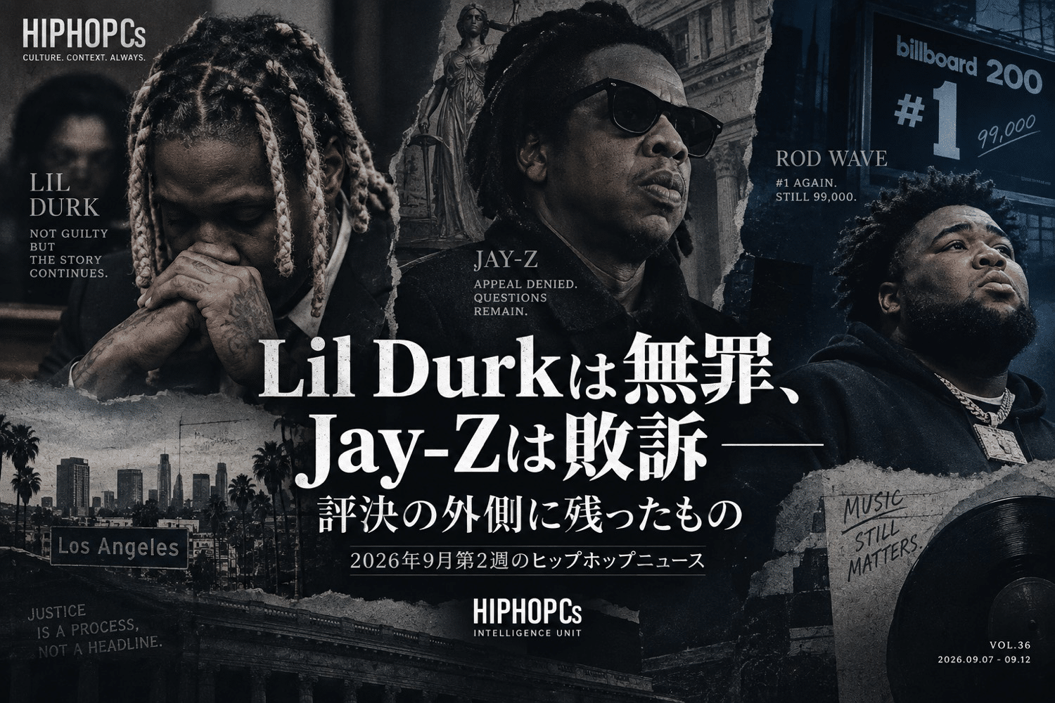 HIPHOPCsの2026年9月第2週ヒップホップニュース。Lil Durk、Jay-Z、Rod Waveの名前と、人物像・裁判所・音楽チャートを配したAI生成コラージュ。