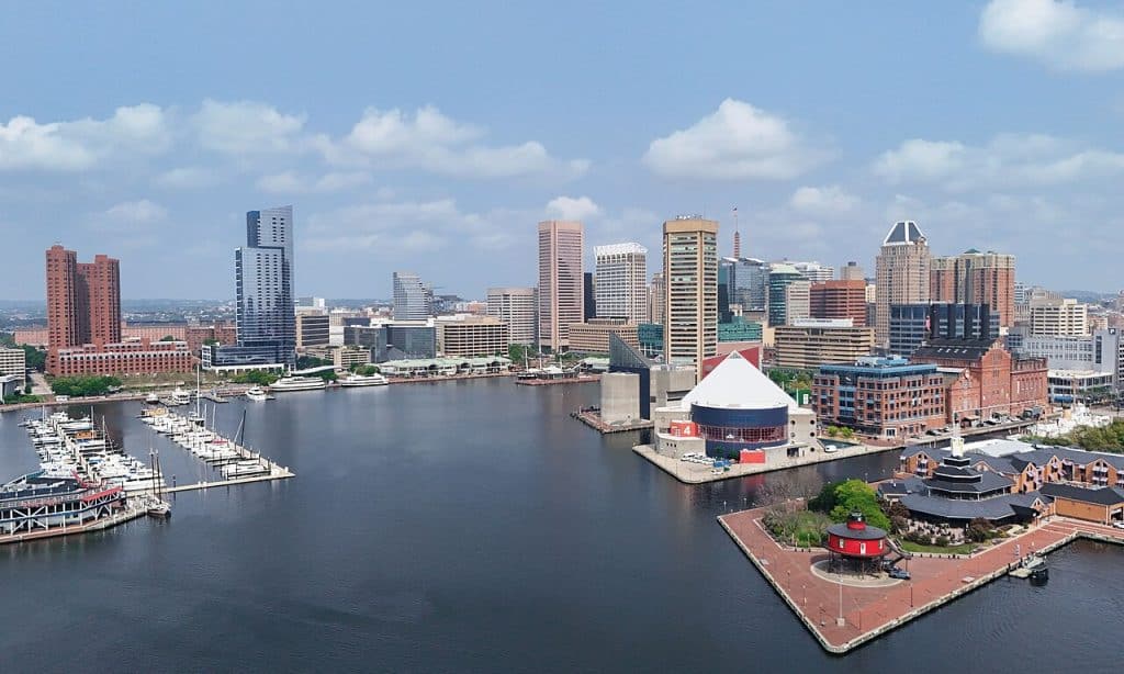 Baltimore skyline seen from the Inner Harbor side