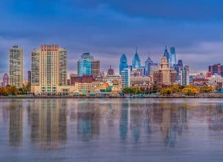 Philadelphia skyline at dusk reflected in the Delaware River, photographed in 2019