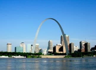 Gateway Arch and the St. Louis skyline seen across the Mississippi River
