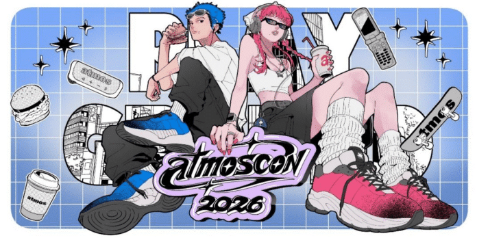 青い格子を背景に、スニーカーを履いた2人のイラストとatmoscon 2026のロゴ
