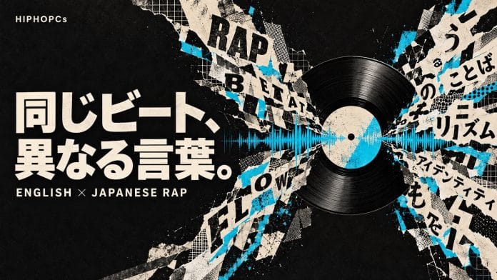 英語と日本語の文字のコラージュがレコードと青い音声波形で交わり、「同じビート、異なる言葉。」と記されたコラムのアイキャッチ