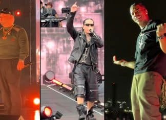 赤い照明の中のC.O.S.A.、片手を上げてラップするYZERR、マイクを手に笑顔を見せるLil Babyを並べた現地写真。